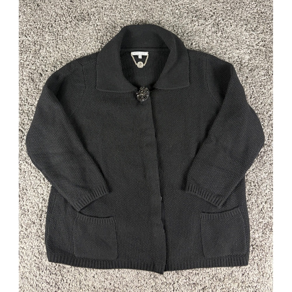 Anne Klein New York 100% Cashmere Black Waffle Knit Cardigan Sweater 1X